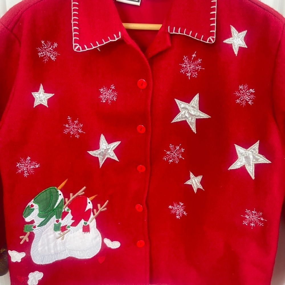 Take Two VTG Size Med Snowman Jacket Shacket Red Christmas Wool Blend Red - Picture 3 of 8